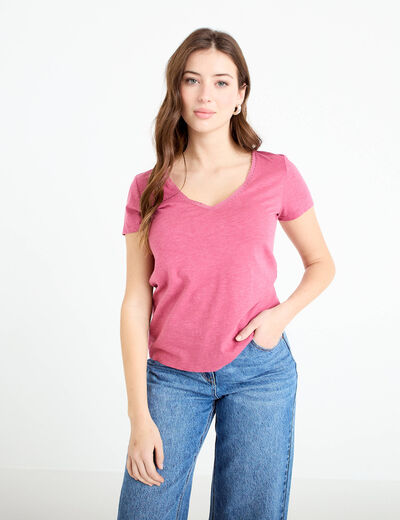 T-shirt col v manches courtes vieux rose femme