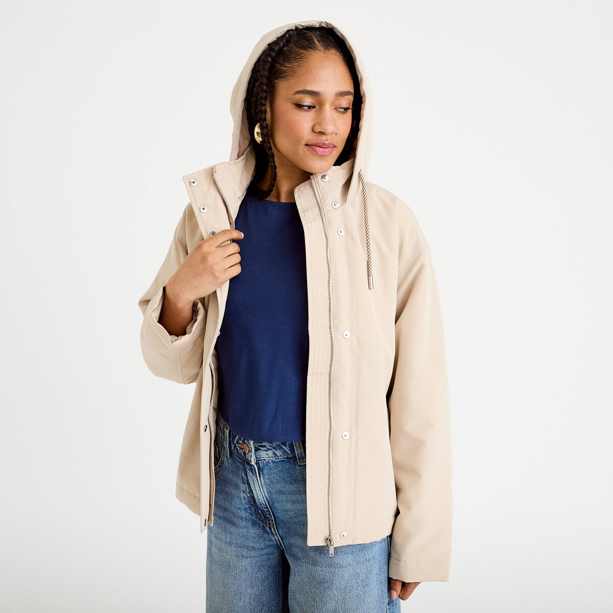 Parka courte &agrave; capuche manches longues beige femme