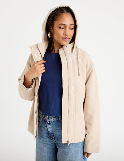 Parka courte &agrave; capuche manches longues beige femme