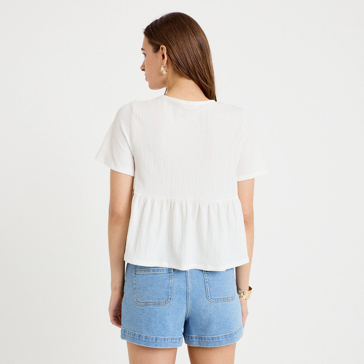 Blouse col v manches courtes dentelle ecru femme