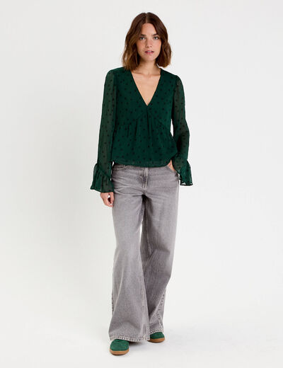 Blouse brod&eacute;e volant&eacute;e vert fonc&eacute; femme