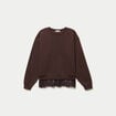 Sweat droit col rond d&eacute;tail dentelle marron fonc&eacute; femme