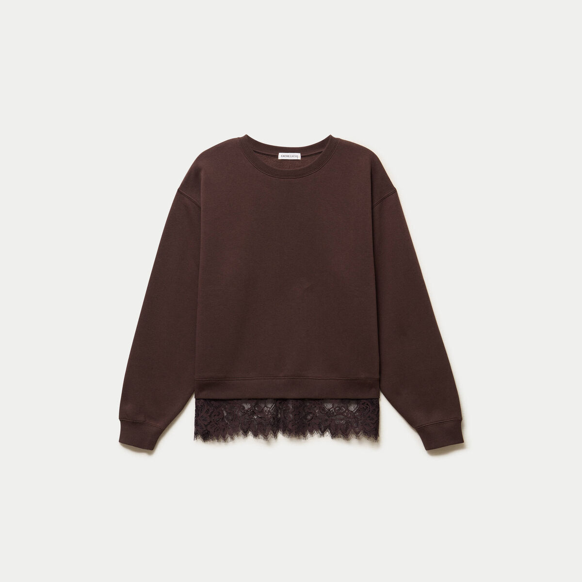 Sweat droit col rond d&eacute;tail dentelle marron fonc&eacute; femme