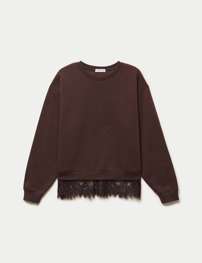 Sweat droit col rond d&eacute;tail dentelle marron fonc&eacute; femme