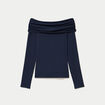 T-shirt col bardot manches longues bleu marine femme