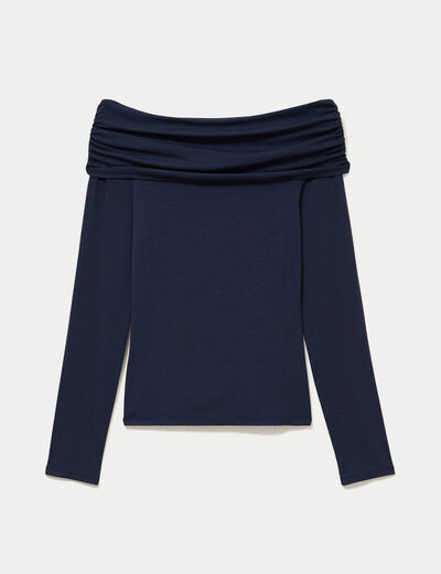 T-shirt col bardot manches longues bleu marine femme