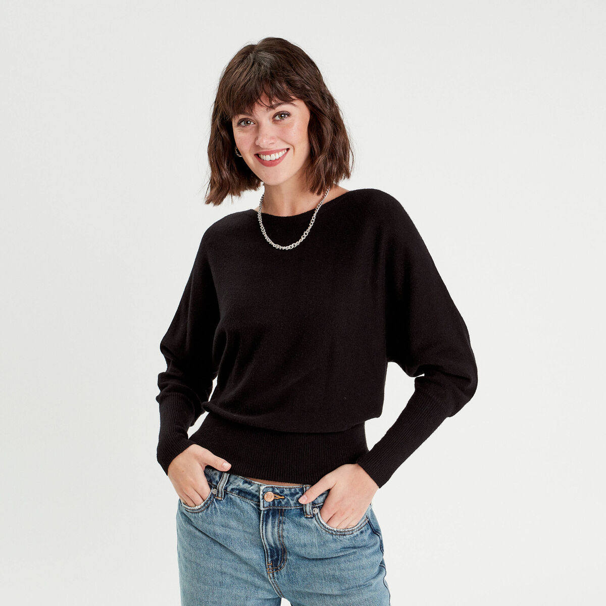 Pull manches chauves-souris noir femme