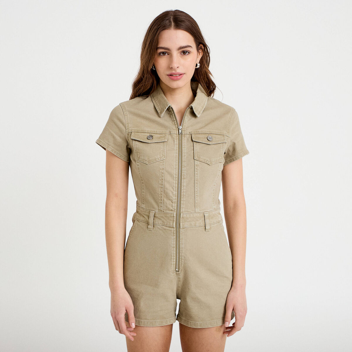 Combishort zipp&eacute;e en jean vert femme