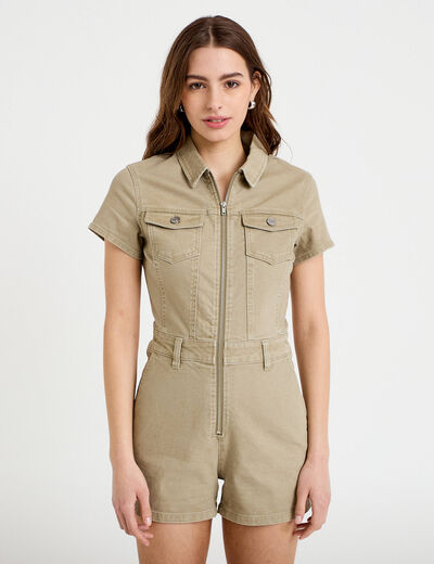 Combishort zipp&eacute;e en jean vert femme