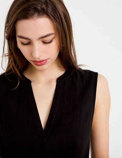 Blouse sans manches col tunisien pliss&eacute; noir femme