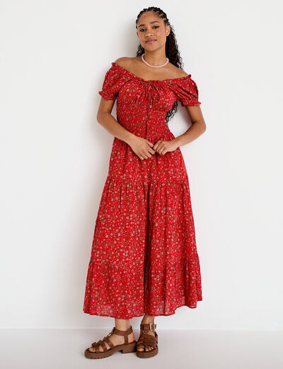 Robe longue &eacute;vas&eacute;e col carr&eacute; rouge femme