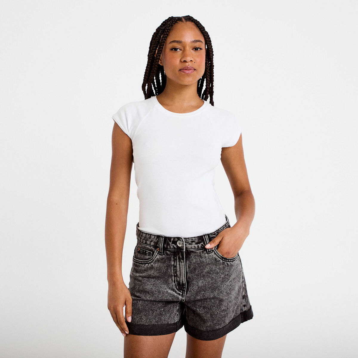 Short mom taille haute en jean denim noir femme