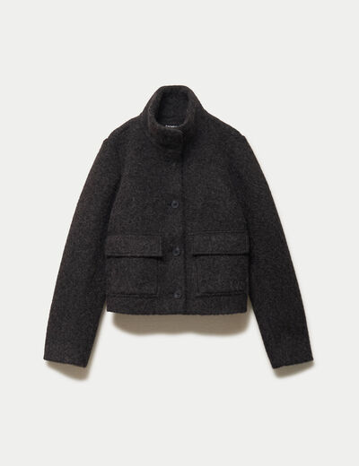 Veste droite bouclette col montant gris fonc&eacute; femme