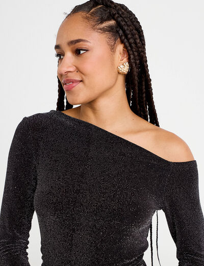 T-shirt asym&eacute;trique brillant noir femme