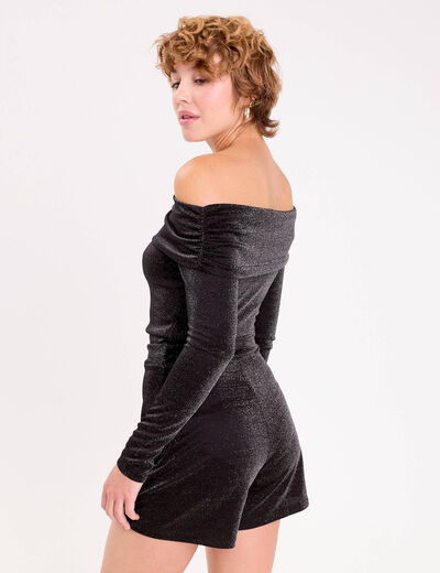 Combishort col bardot fils m&eacute;tallis&eacute;s noir femme