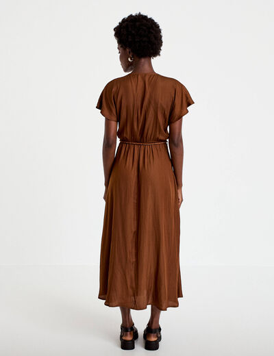 Robe longue &eacute;vas&eacute;e col v satin&eacute;e marron femme
