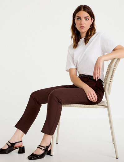 Pantalon cigarette ceintur&eacute; marron fonc&eacute; femme