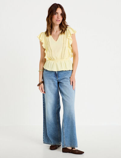 Blouse &agrave; volants jaune pastel femme