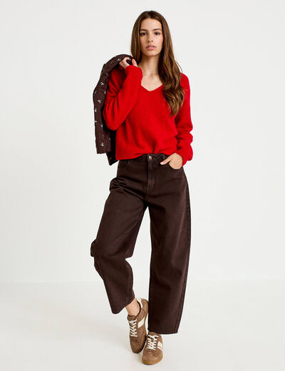 Pull avec col en V rouge femme