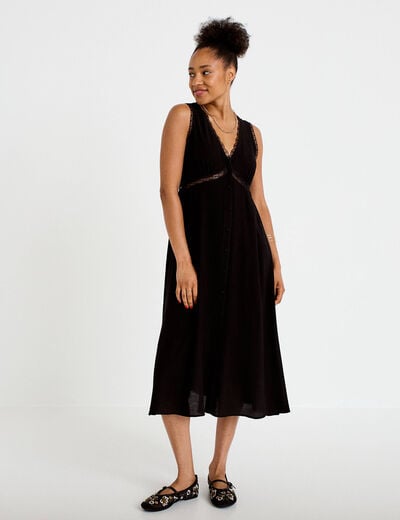 Robe longue droite sans manches col v noir femme