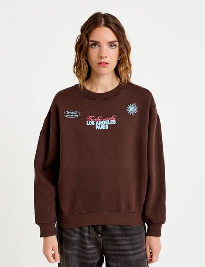 Sweat col rond manches longues marron fonc&eacute; femme