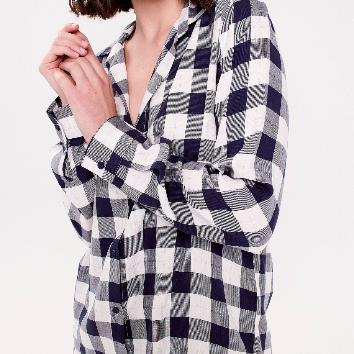 Chemise &agrave; carreaux fils m&eacute;tallis&eacute;s bleu femme