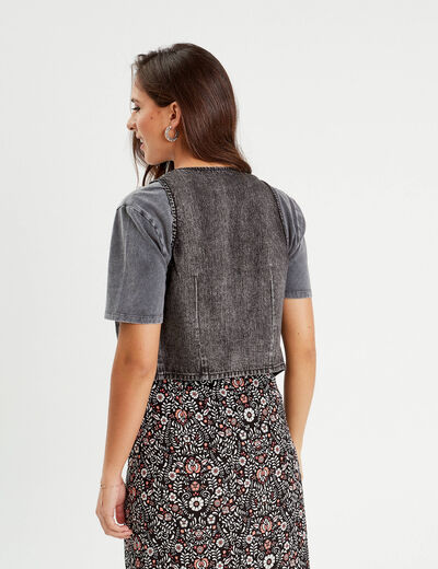 Gilet Court En Jean Boutonné – Col En V – Coupe Régulière – Matière Coton/polyester/viscose