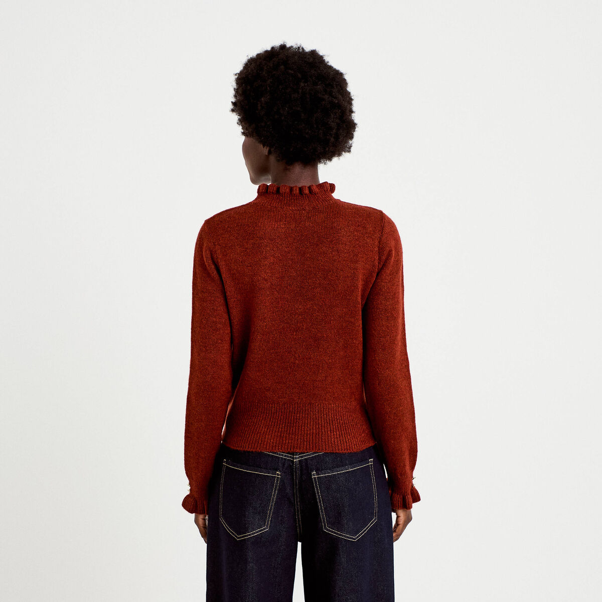 Pull ajust&eacute; col montant manches longues marron cognac femme