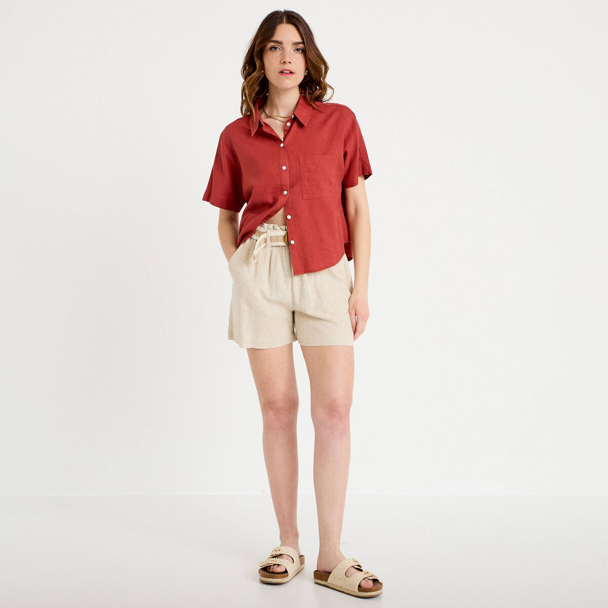 Chemise droite courte col classique vieux rose femme