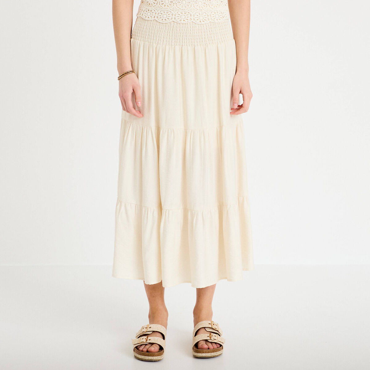 Jupon &eacute;vas&eacute; taille haute ecru femme