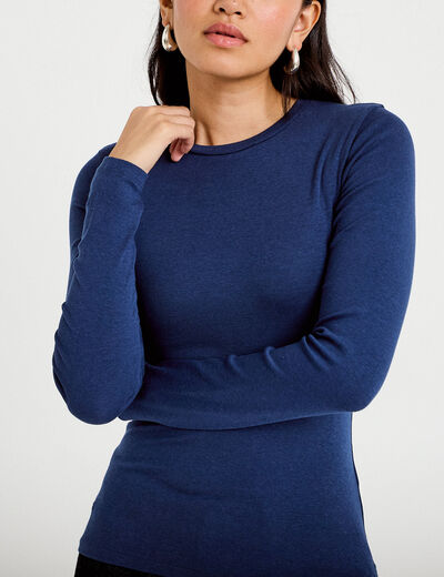 T-shirt cintr&eacute; col rond manches longues bleu fonc&eacute; femme
