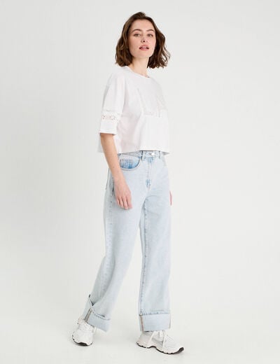 Jeans droit &agrave; revers denim bleach femme