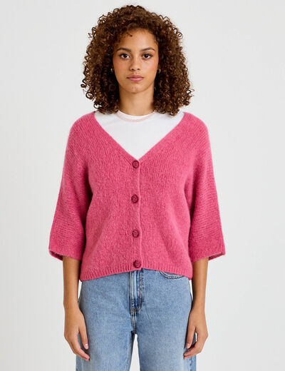 Gilet ample col v manches 3/4 vieux rose femme