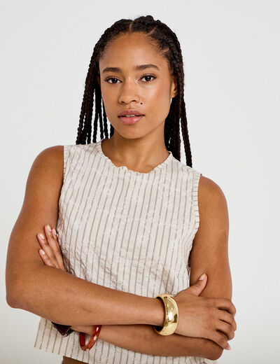 Blouse droite sans manches pliss&eacute;e creme femme