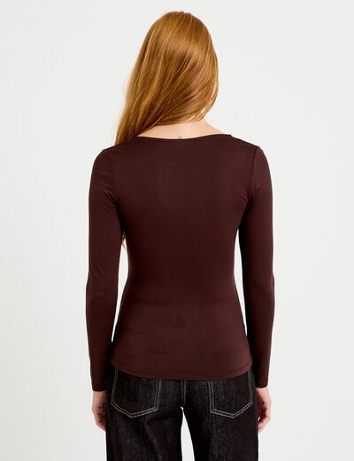 T-shirt thermique col en V plumetis marron fonc&eacute; femme