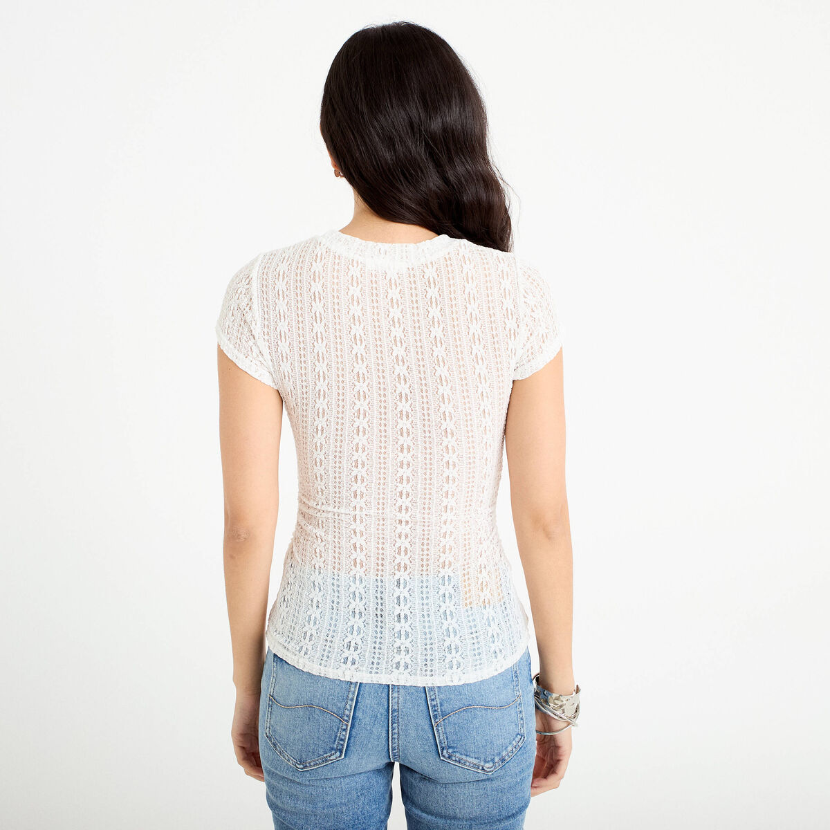 Top en dentelle col rond manches courtes ecru femme