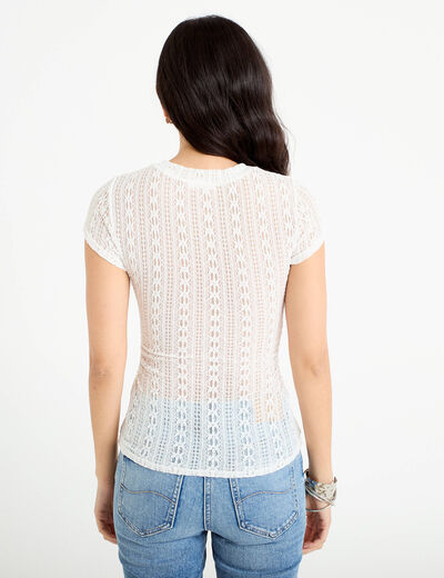 Top en dentelle col rond manches courtes ecru femme