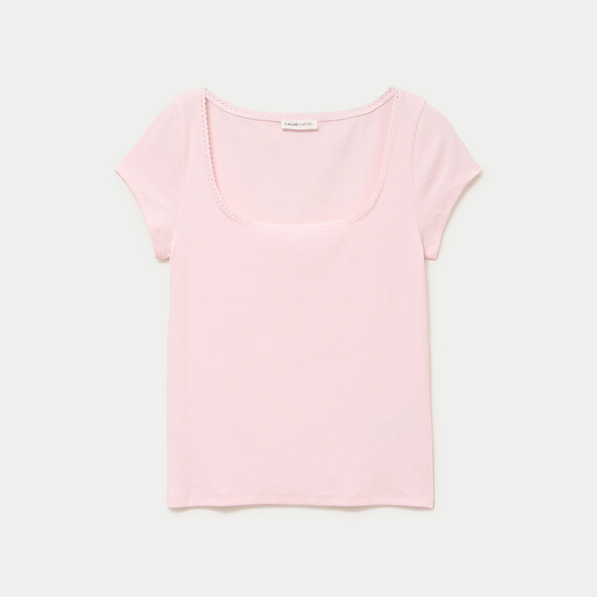 T-shirt cintr&eacute; d&eacute;collet&eacute; manches courtes rose clair femme