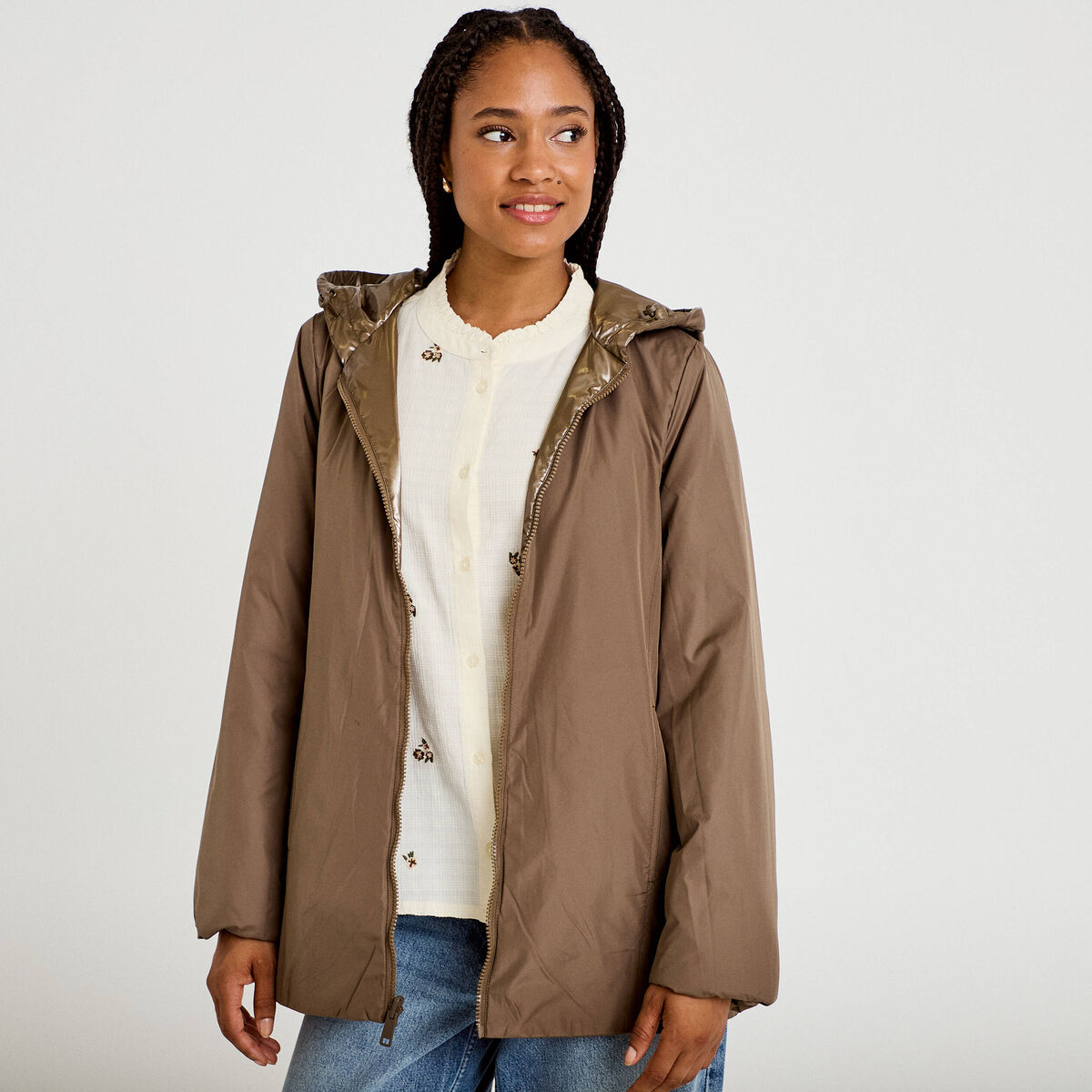 Parka r&eacute;versible &agrave; capuche taupe femme