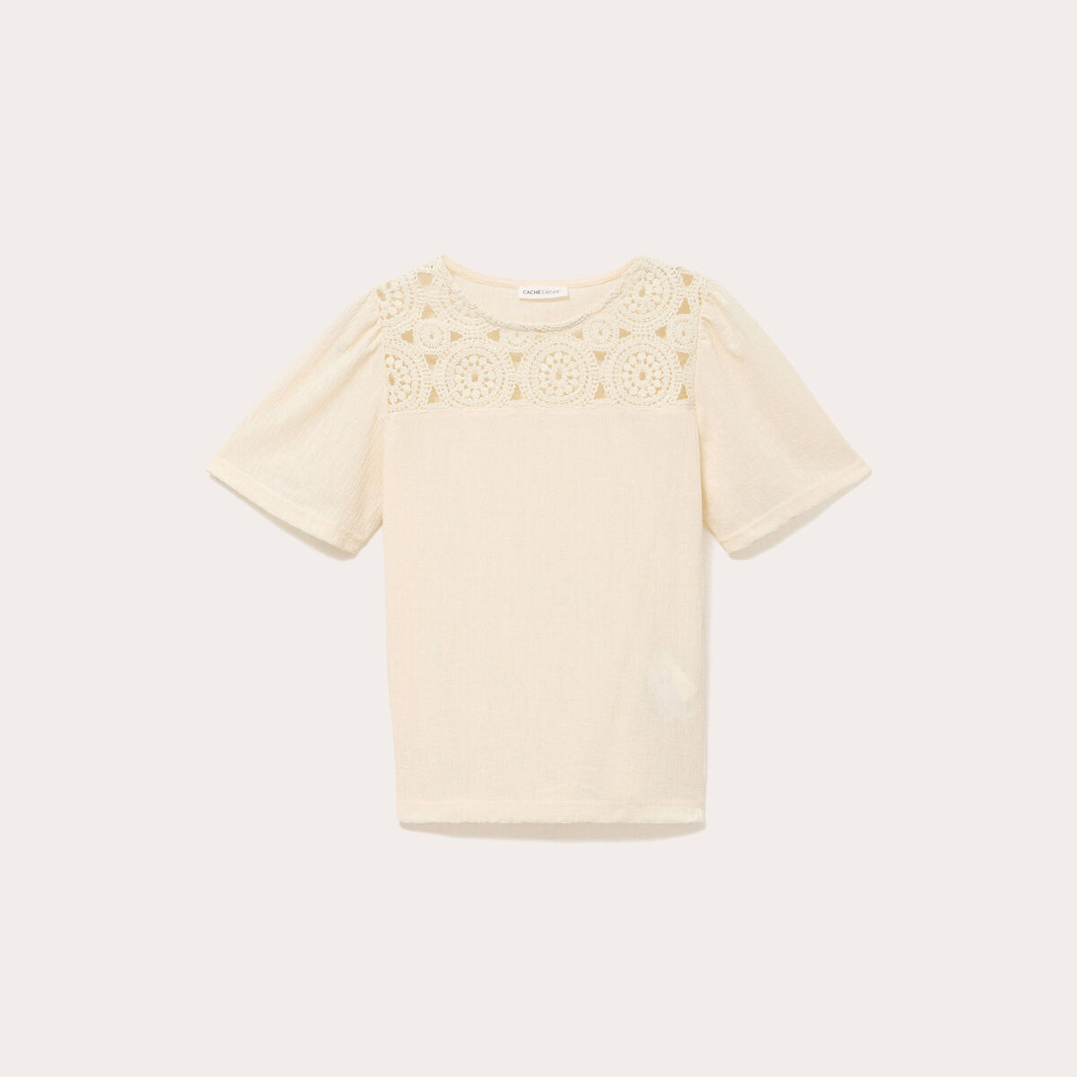T-shirt manches courtes aspect dentelle ecru femme