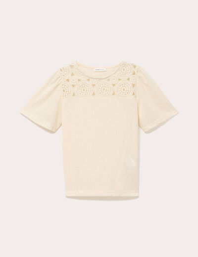 T-shirt manches courtes aspect dentelle ecru femme