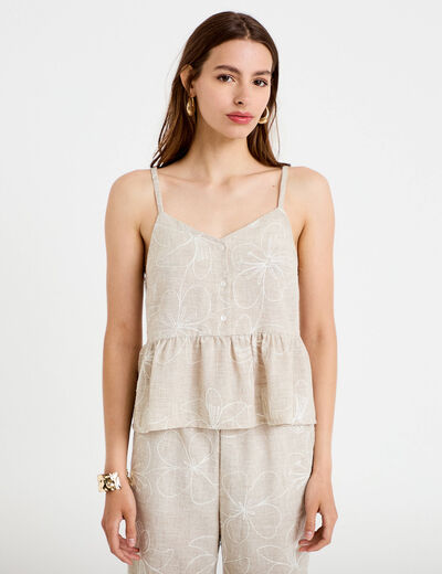 Top col v bretelles fines chin&eacute; beige femme