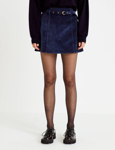 Jupe-short &eacute;vas&eacute;e velours ceinture bleu marine femme