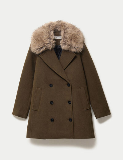 Manteau droit mi-long col tailleur vert kaki femme