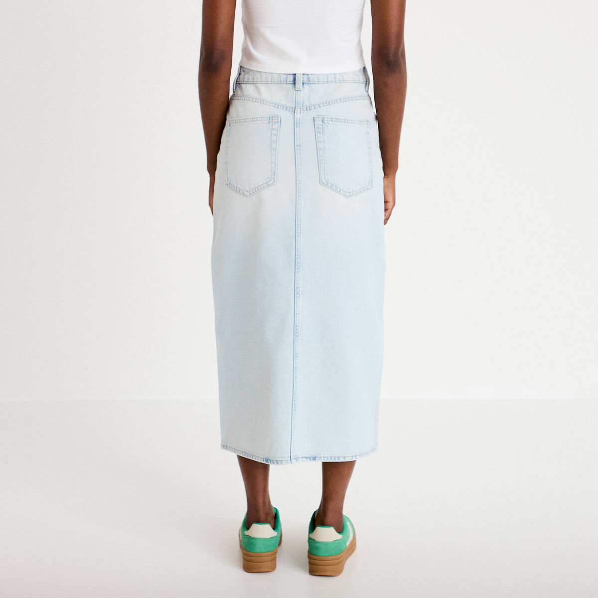 Jupe droite midi en jean 5 poches denim bleach femme
