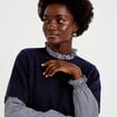 Pull 2-en-1 col rond manches vichy bleu marine femme