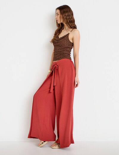 Pantalon large taille haute fluide vieux rose femme