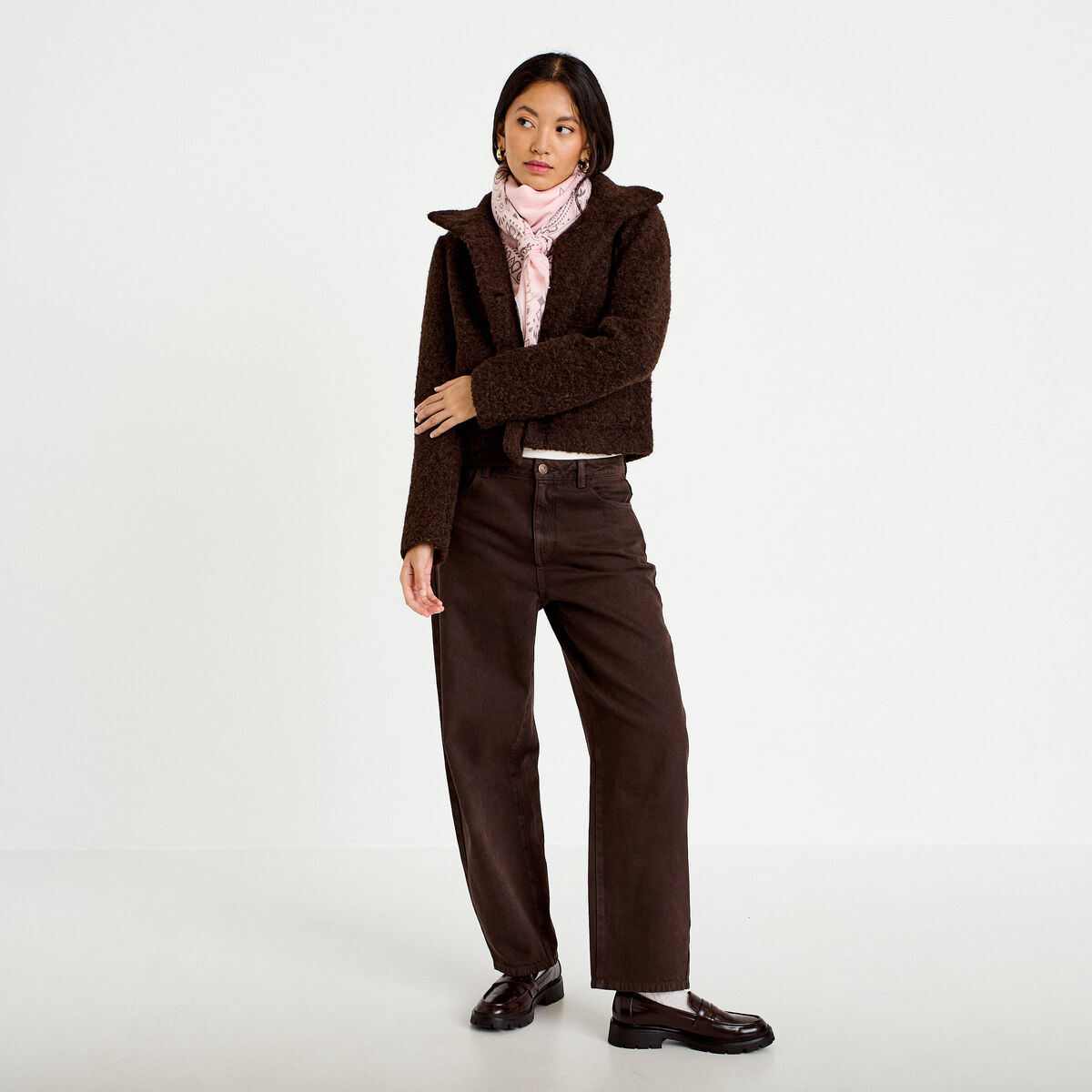 Veste droite bouclette col montant marron fonc&eacute; femme
