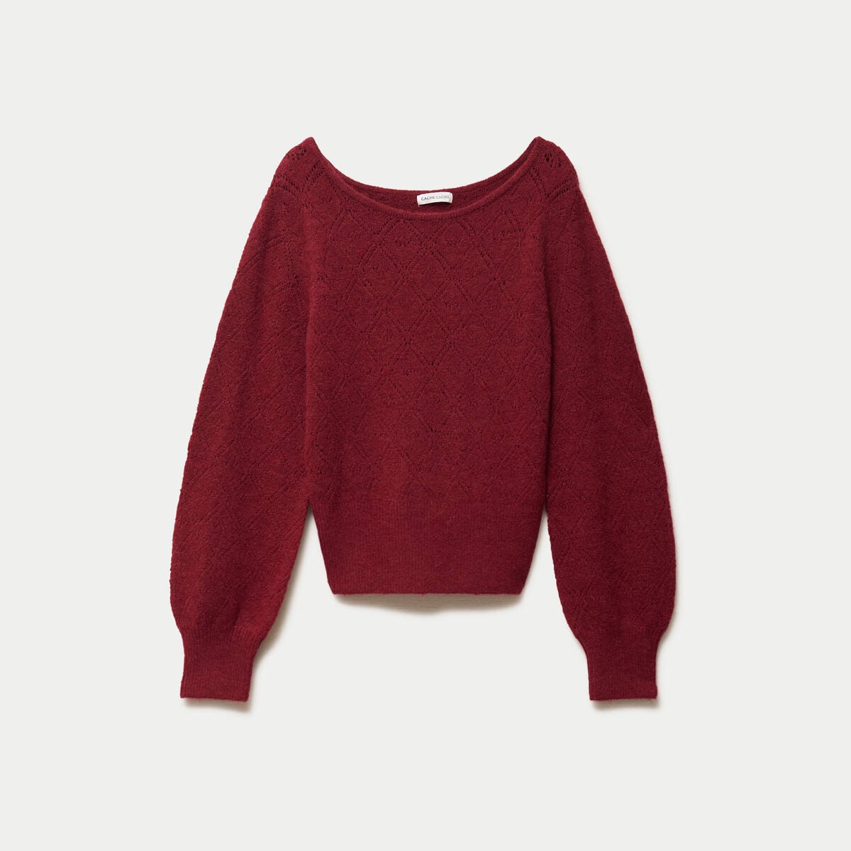 Pull ajour&eacute; col bateau manches longues rouge fonc&eacute; femme