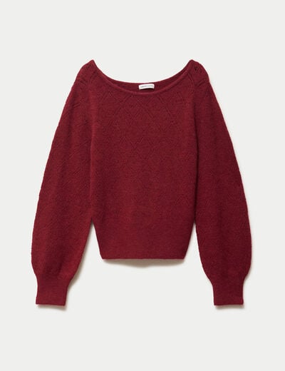 Pull ajour&eacute; col bateau manches longues rouge fonc&eacute; femme
